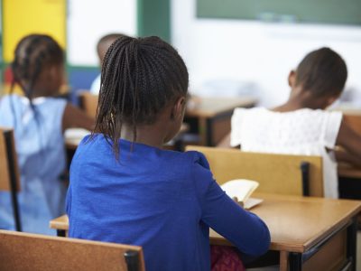 Back view of kids during a lesson at an elementary school